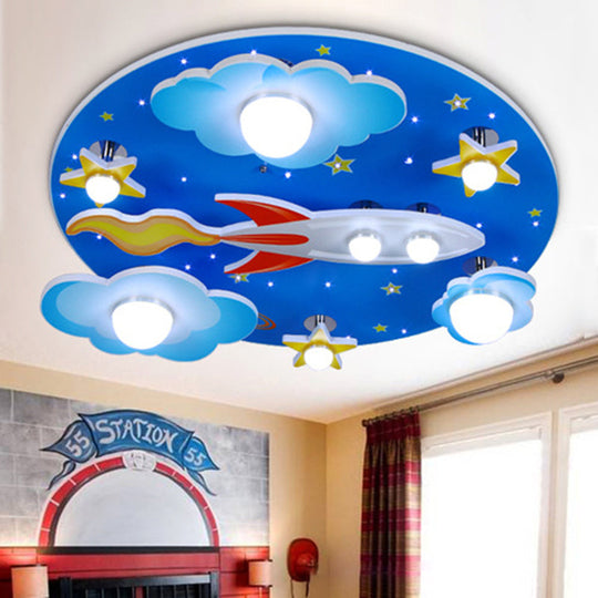 Wooden Blue Kids Spaceship Ceiling Lamp For Kindergarten / Rocket