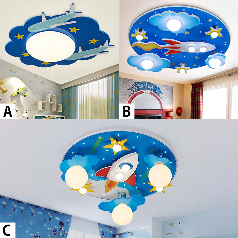 Wooden Blue Kids Spaceship Ceiling Lamp for Kindergarten