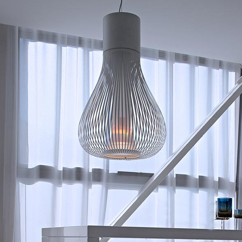 Suspension de plafond contemporaine en forme de cage métallique avec abat-jour cylindrique intérieur - 1 lampe - Métal noir/blanc - Idéal pour la salle à manger