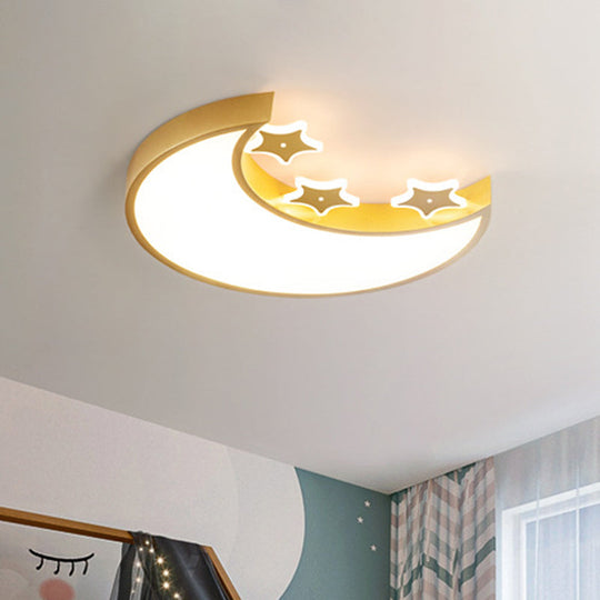 Kids LED Ceiling Light: White/Yellow Crescent & Star Flush Mount Lamp with Acrylic Shade