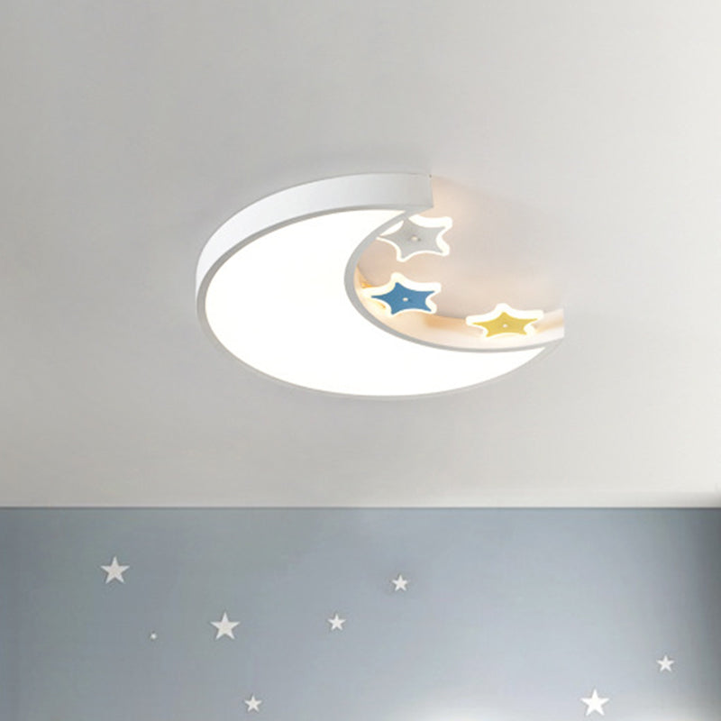 Kids LED Ceiling Light: White/Yellow Crescent & Star Flush Mount Lamp with Acrylic Shade