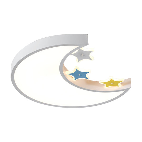 Kids Led Ceiling Light: White/Yellow Crescent & Star Flush Mount Lamp With Acrylic Shade