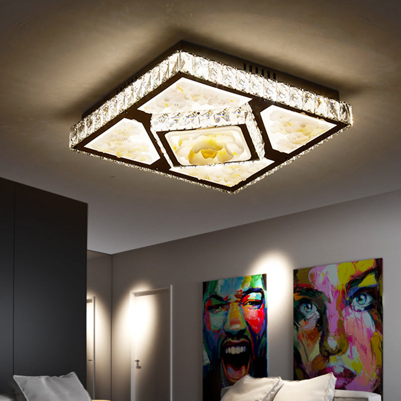Contemporary Square Crystal Block LED Ceiling Light - Lotus Design in Chrome