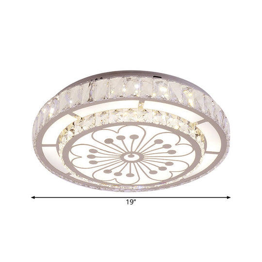 Modernist Crystal Ceiling Light: Chrome Led Round Flush Fixture With Floral Pattern