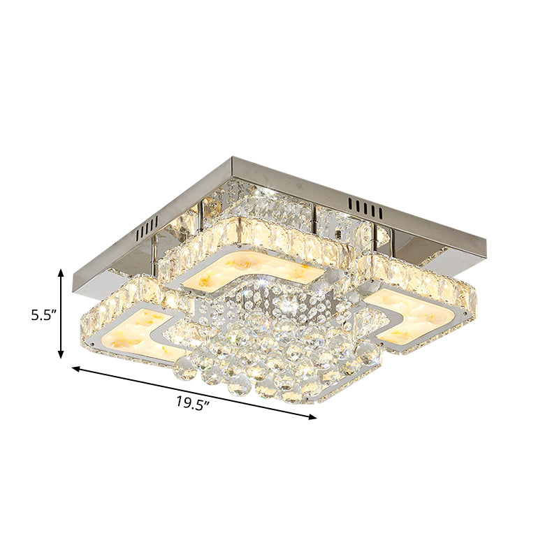 Plafonnier LED contemporain chromé avec bloc de cristal et sphères de conception semi-encastrée carrée