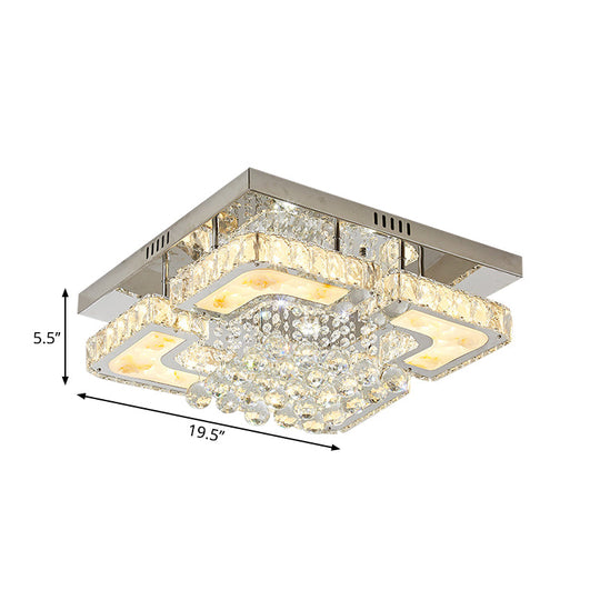 Plafonnier LED contemporain chromé avec bloc de cristal et sphères de conception semi-encastrée carrée