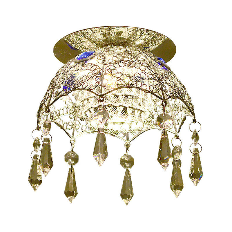 Modern LED Ceiling Lamp with Crystal Shade – Chrome Scalloped Dome Flush Mount Light in Warm/White Light