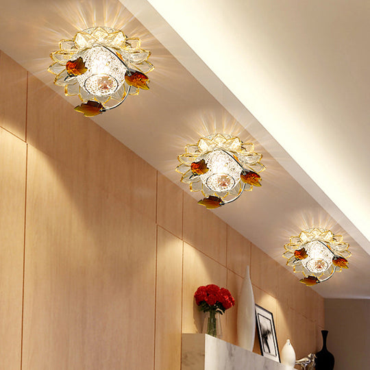 Modern Globe Flush Mount Ceiling Light with Crystal Maple Leaf Deco - Blue/Tan, Warm/White Light - 1 Bulb, Metal Fixture