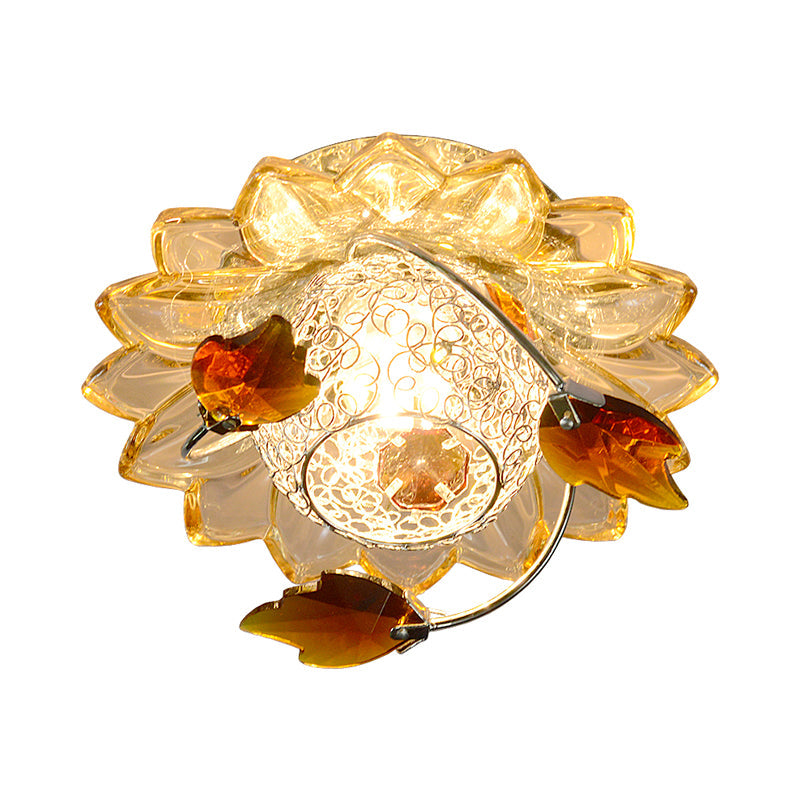 Modern Globe Flush Mount Ceiling Light With Crystal Maple Leaf Deco - Blue/Tan Warm/White 1 Bulb