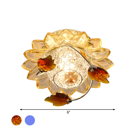 Modern Globe Flush Mount Ceiling Light with Crystal Maple Leaf Deco - Blue/Tan, Warm/White Light - 1 Bulb, Metal Fixture