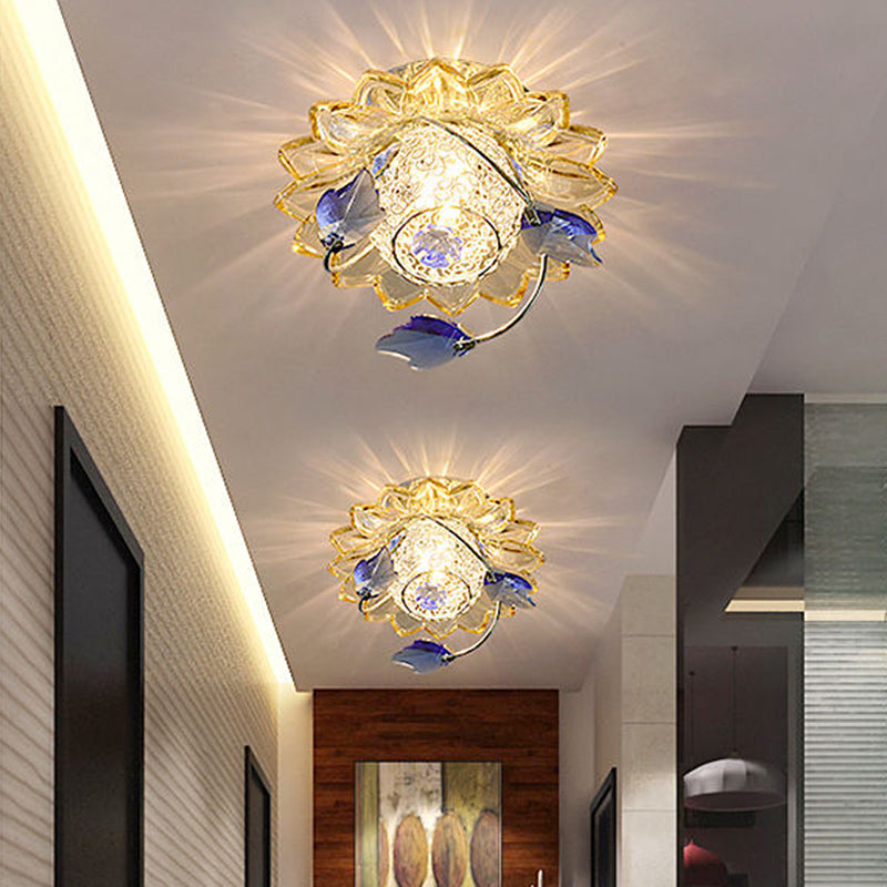 Modern Globe Flush Mount Ceiling Light with Crystal Maple Leaf Deco - Blue/Tan, Warm/White Light - 1 Bulb, Metal Fixture