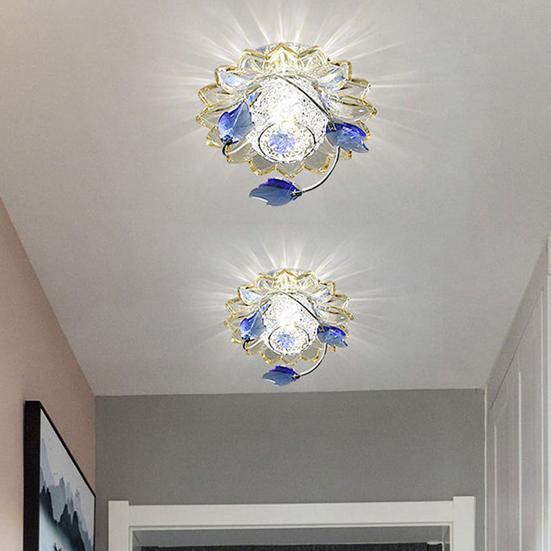 Modern Globe Flush Mount Ceiling Light with Crystal Maple Leaf Deco - Blue/Tan, Warm/White Light - 1 Bulb, Metal Fixture