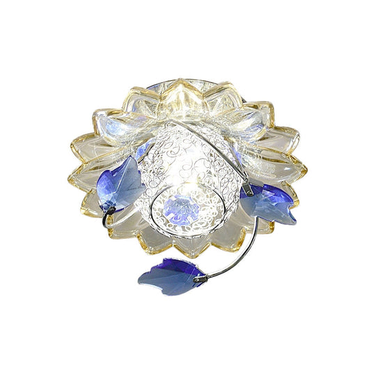 Modern Globe Flush Mount Ceiling Light with Crystal Maple Leaf Deco - Blue/Tan, Warm/White Light - 1 Bulb, Metal Fixture