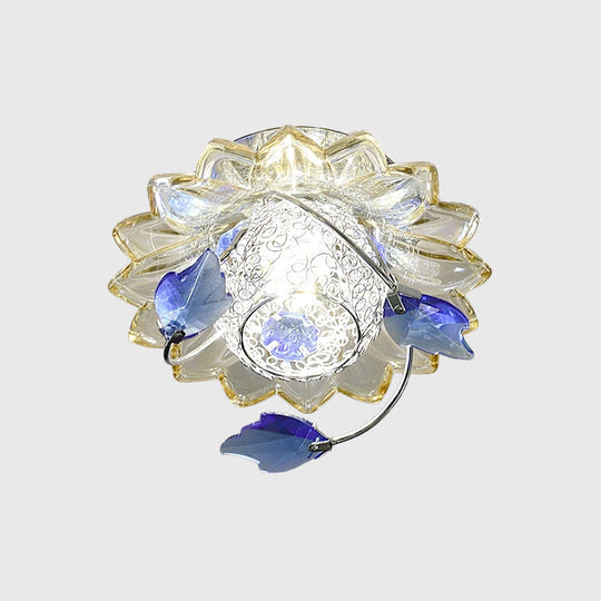 Modern Globe Flush Mount Ceiling Light with Crystal Maple Leaf Deco - Blue/Tan, Warm/White Light - 1 Bulb, Metal Fixture