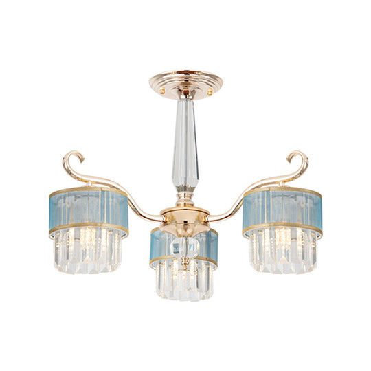 Cylinder Crystal Prisms Chandelier - Contemporary 3-Light Pendant In Gold