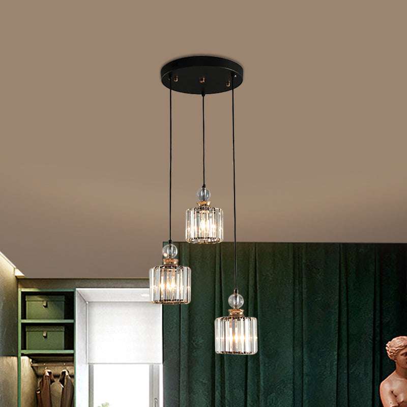 Modern Black Cylinder Pendant Lamp Kit with Crystal Prisms Shade - 1/3-Head Ceiling Pendant