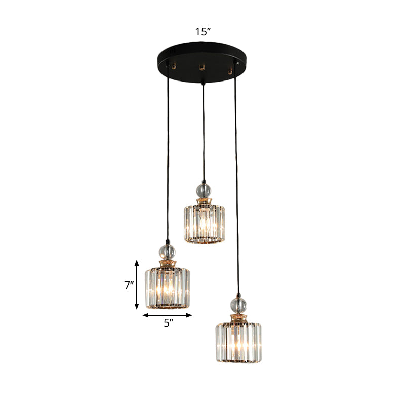 Modern Black Cylinder Pendant Lamp Kit with Crystal Prisms Shade - 1/3-Head Ceiling Pendant
