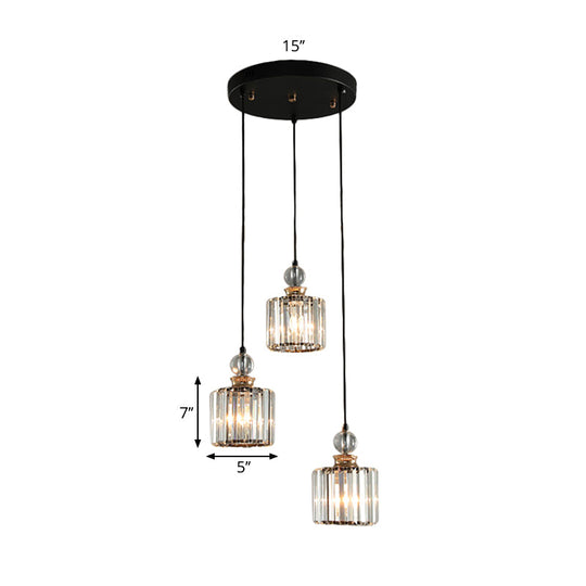 Modern Black Cylinder Pendant Lamp Kit with Crystal Prisms Shade - 1/3-Head Ceiling Pendant