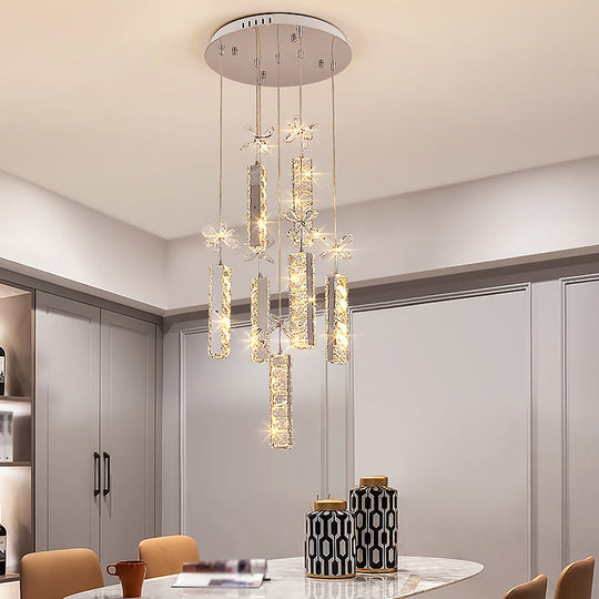 Modern Led Multi Pendant Light With Cut Crystal Linear And Flower Drop Design In Chrome Finish /