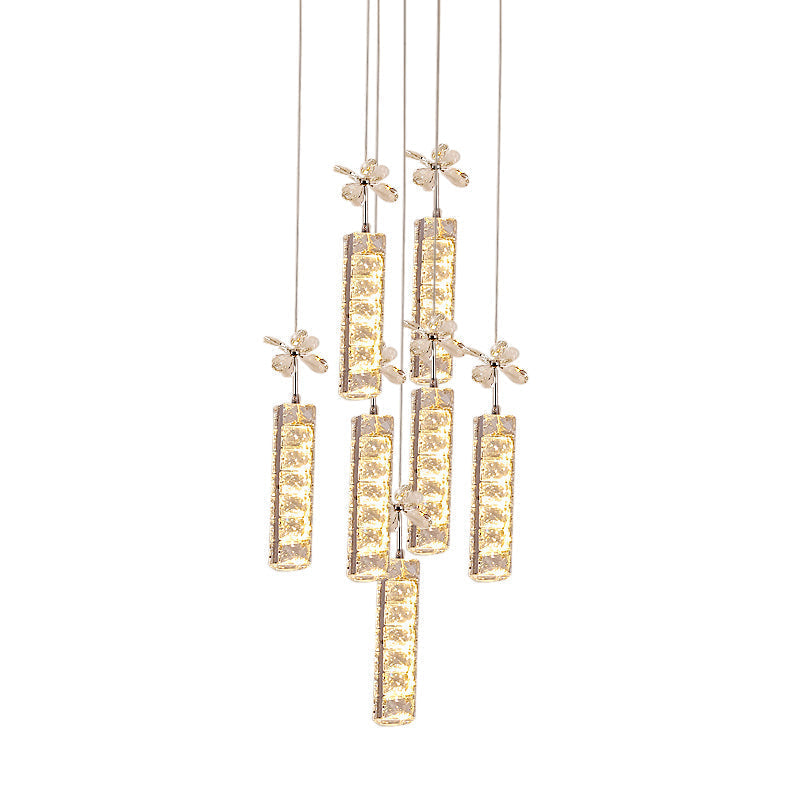 Modern Led Multi Pendant Light With Cut Crystal Linear And Flower Drop Design In Chrome Finish