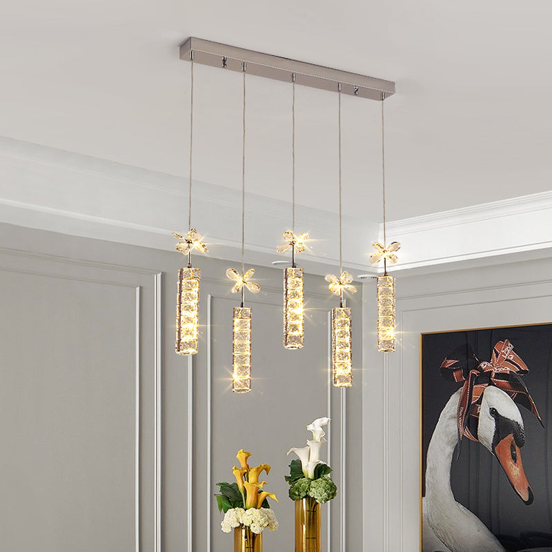 Modern LED Crystal Pendant Light with Chrome Canopy - Linear and Flower Drop Design