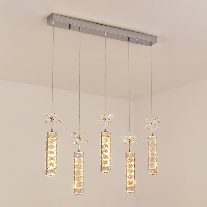 Modern Led Multi Pendant Light With Cut Crystal Linear And Flower Drop Design In Chrome Finish
