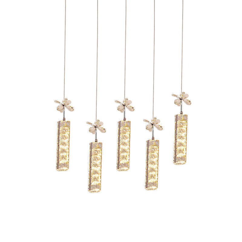 Modern Led Multi Pendant Light With Cut Crystal Linear And Flower Drop Design In Chrome Finish