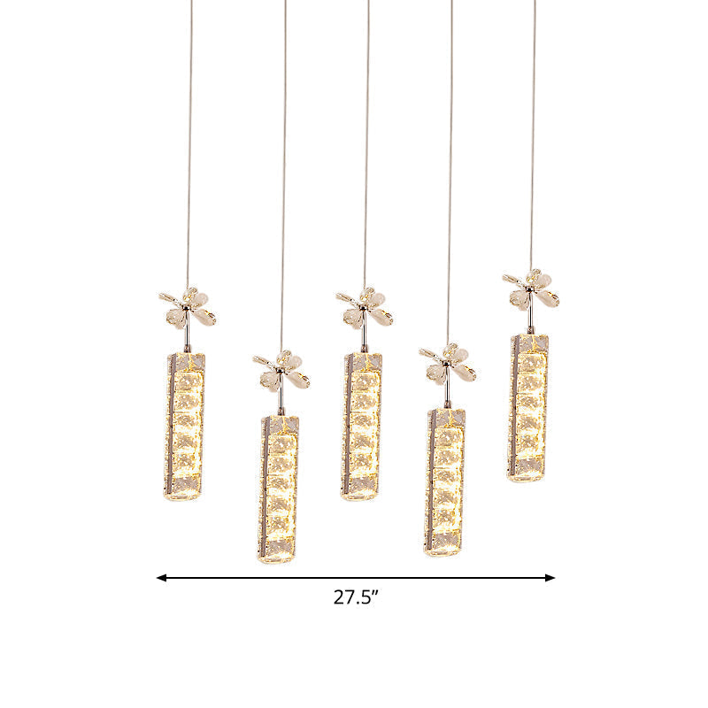 Modern Led Multi Pendant Light With Cut Crystal Linear And Flower Drop Design In Chrome Finish