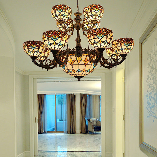 Extra Large Baroque Style 26/13-Light Chandelier With Art Glass Pendants In Brown For Living Room 13