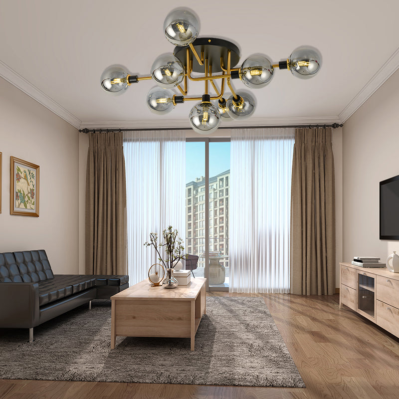 Plafonnier moderne à plusieurs têtes avec abat-jour sphérique en métal et verre pour hôtels