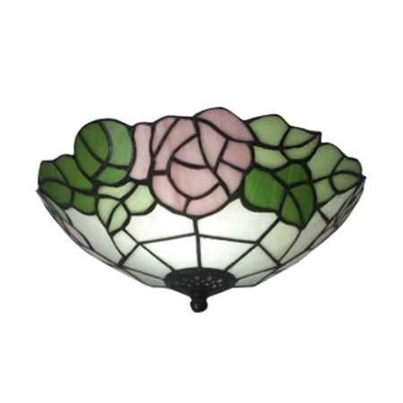 Bowl Flush Rustic Loft Stained Glass Ceiling Light with Rose Pattern in Pink/White