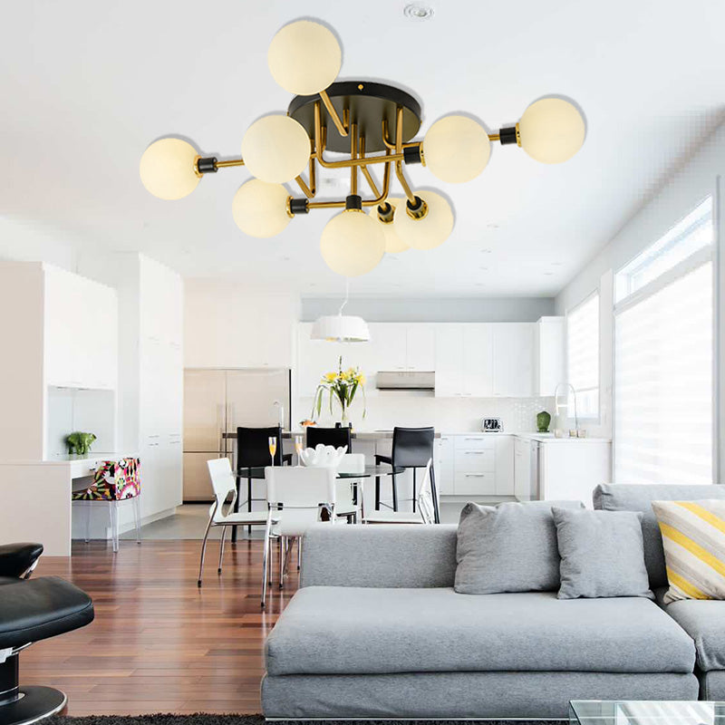Plafonnier moderne à plusieurs têtes avec abat-jour sphérique en métal et verre pour hôtels