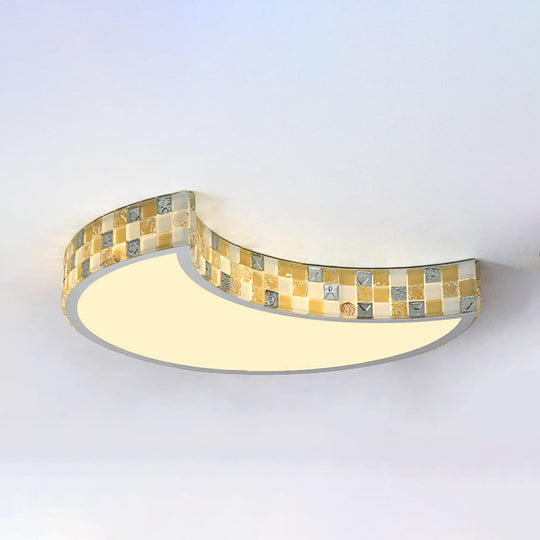 Tiffany Mosaic Glass Moon Flush Light with LED for Bedroom Ceiling