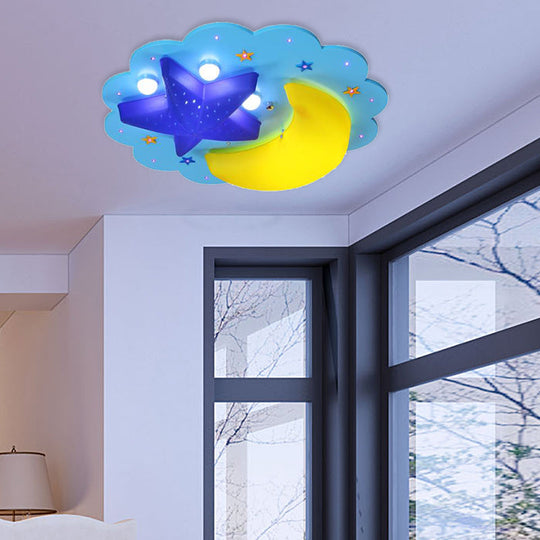 Blue Star Moon Cartoon Wood Ceiling Lamp for Kids Bedroom