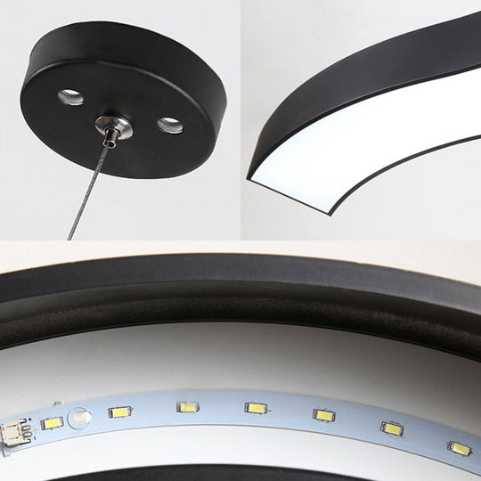 Modern LED Metal Wave Pendant Lamp with Recessed Diffuser - Black, Multiple Sizes Available