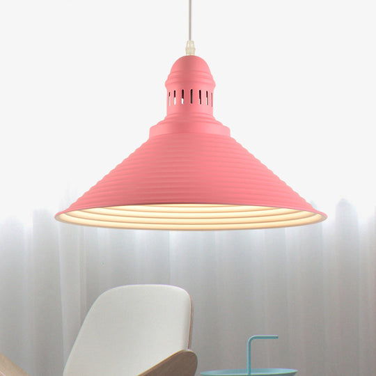 Nordic Metal Hanging Pendant Light - Cone Shade With Ruffle Design In White/Pink Pink