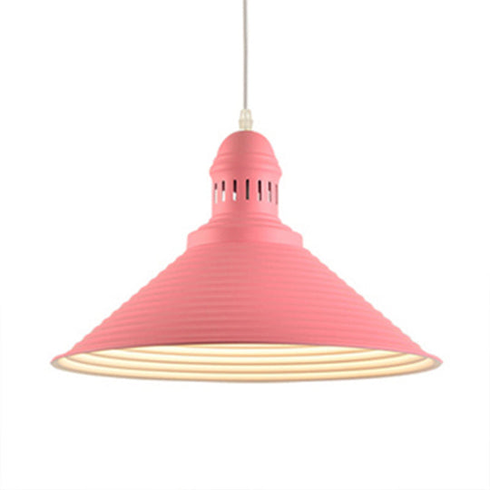 Nordic Metal Hanging Pendant Light - Cone Shade With Ruffle Design In White/Pink
