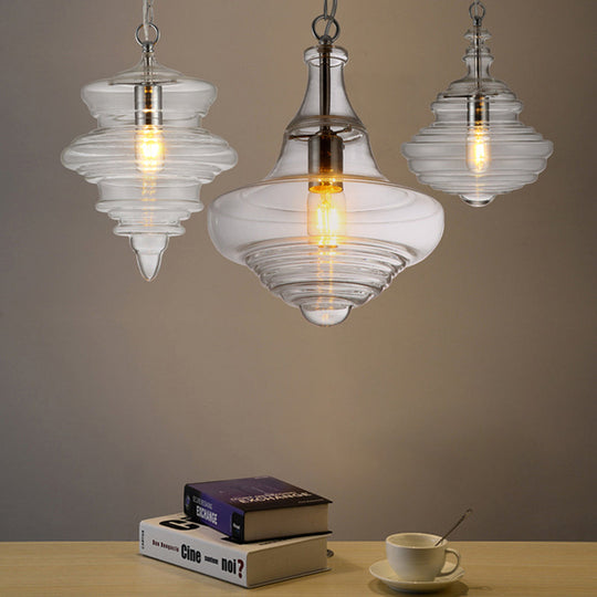 Modern Spool/Bell Pendant Light With Clear/Blue Ruffle Glass: Stylish Ceiling Lighting For Bedrooms