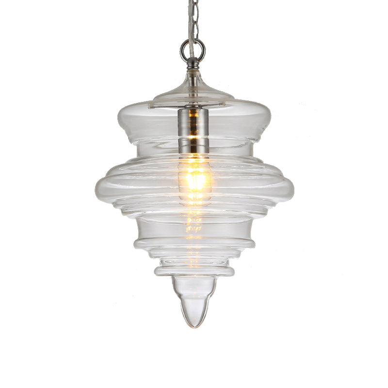 Modern Spool/Bell Pendant Light With Clear/Blue Ruffle Glass: Stylish Ceiling Lighting For Bedrooms