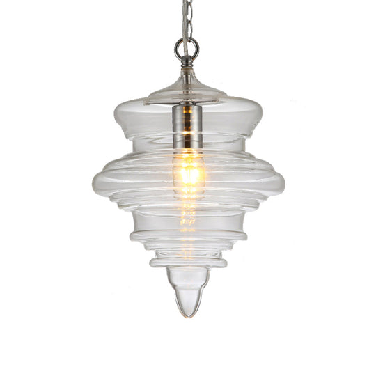 Modern Spool/Bell Pendant Light With Clear/Blue Ruffle Glass: Stylish Ceiling Lighting For Bedrooms