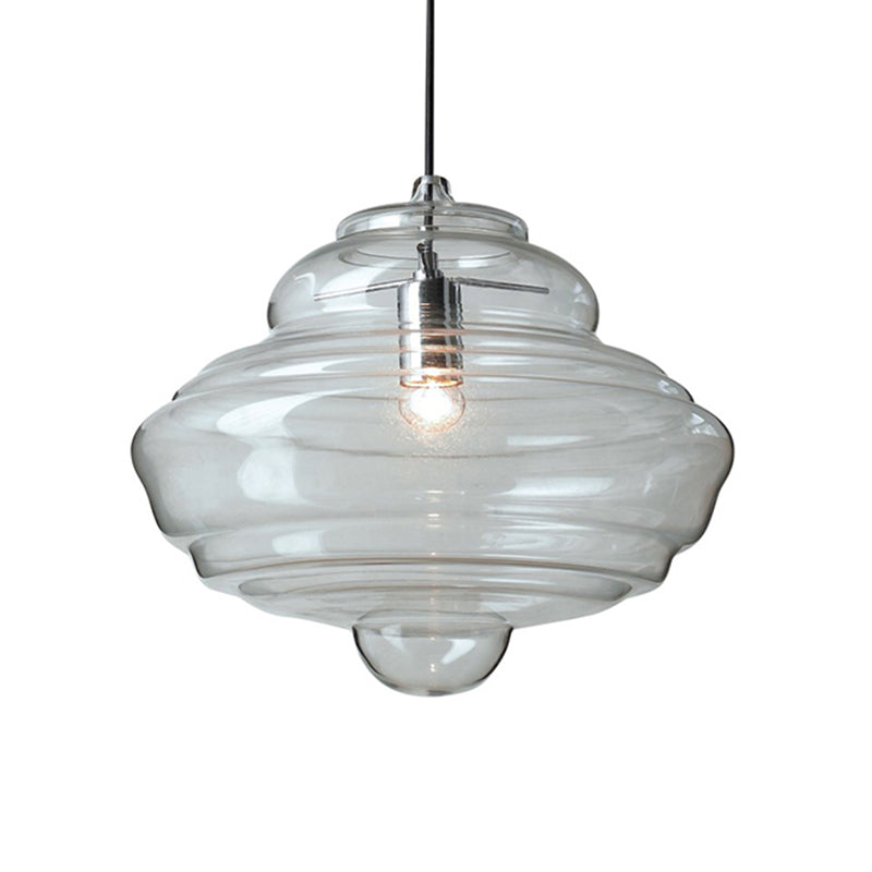 Modern Spool/Bell Pendant Light With Clear/Blue Ruffle Glass: Stylish Ceiling Lighting For Bedrooms