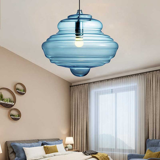 Modern Clear/Blue Ruffle Glass Pendant Light - Bedroom Ceiling Hanging Lamp