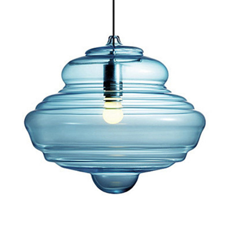 Modern Spool/Bell Pendant Light With Clear/Blue Ruffle Glass: Stylish Ceiling Lighting For Bedrooms