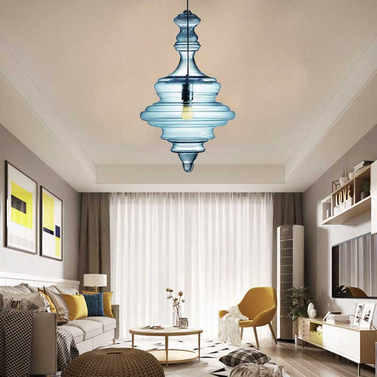Modern Clear/Blue Ruffle Glass Pendant Light - Bedroom Ceiling Hanging Lamp