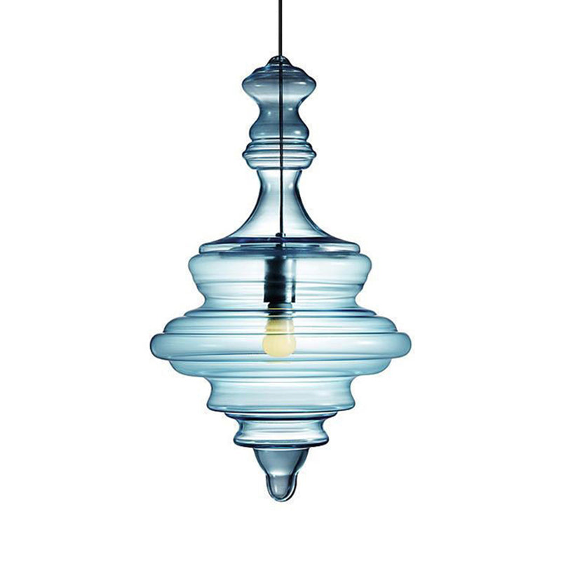 Modern Spool/Bell Pendant Light With Clear/Blue Ruffle Glass: Stylish Ceiling Lighting For Bedrooms
