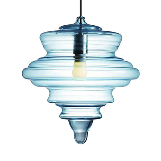 Modern Spool/Bell Pendant Light With Clear/Blue Ruffle Glass: Stylish Ceiling Lighting For Bedrooms