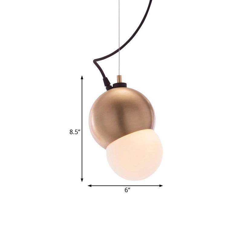 Modern Metal Dome Hanging Pendant Light with Golden Frame and White Glass Shade