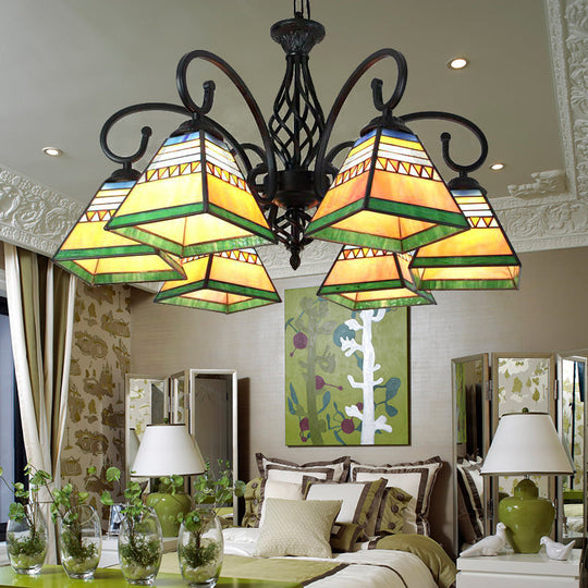 Mission Style Stained Glass Pyramid Pendant Light with 6 Lights for Living Room