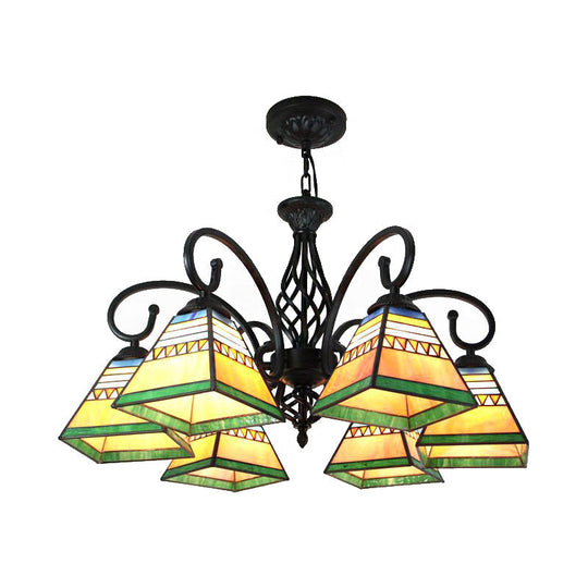 Mission Style Stained Glass Pyramid Pendant Light with 6 Lights for Living Room