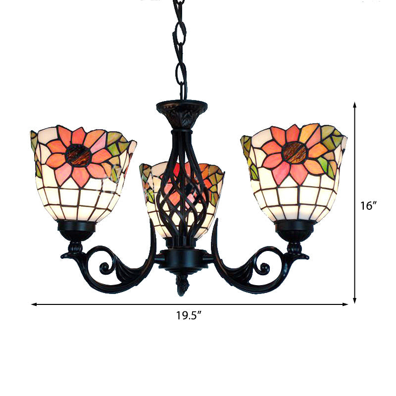 Rustic Lodge Sunflower Ceiling Chandelier: 3 Lights Stained Glass Pendant Lighting In Black Finish